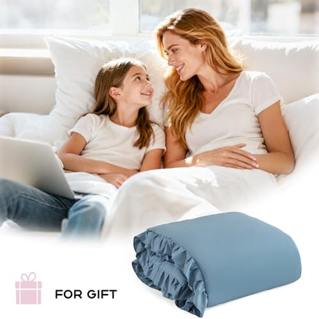 JANZAA Comforters Queen Size Mineral Blue Comforter Set Queen 3PCS(1 Ruffled Comforter Set and 2 Pillowcases) Shabby Chic Bedding Vintage Soft Fluffy Bed Set for All Season JANZAA