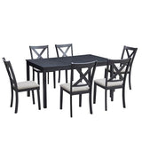 LUXOAK 7-Piece Solid Wood Dining Table Set, 60" Farmhouse Dining Table with 6 Chairs, Rectangular Table Set for 6, Kitchen & Dining Room Furniture, Grey & White LUXOAK