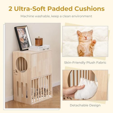 Tangkula 2-Tier Luxury Wood Cat House, Wooden Kitten Cage Condo with 2 Washable Plush Cushions, 2 Access Holes, Indoor Pet Playpen Cat Catio End Side Table Nightstand, Ventilated Cat Bed Furniture Tangkula