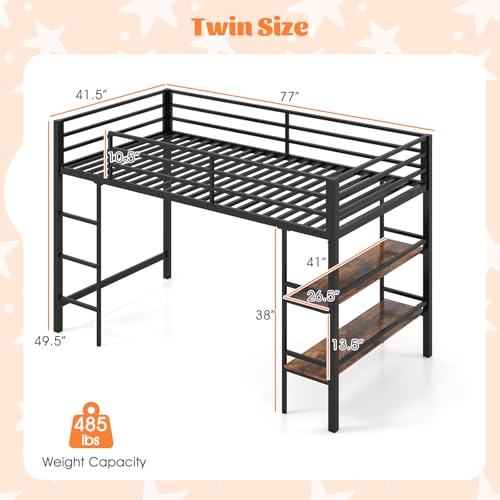 Giantex Low Loft Bed Twin Size, Heavy Duty Metal Frame w/Storage Shelves, Ladder & Full-Length Guardrails, Ample Under-Bed Space, Kids Loft Bed with Stairs for Boys Girls Junior, No Box Spring Needed Giantex