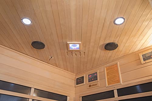 Heat Wave 3 Person Sauna Corner Fitting Infrared FIR FAR 7 Carbon Heaters Hemlock Wood MP3 Player 2 Speakers Color Therapy Light LED Control Panel Heat Wave