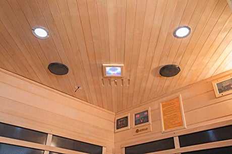 Heat Wave 3 Person Sauna Corner Fitting Infrared FIR FAR 7 Carbon Heaters Hemlock Wood MP3 Player 2 Speakers Color Therapy Light LED Control Panel Heat Wave