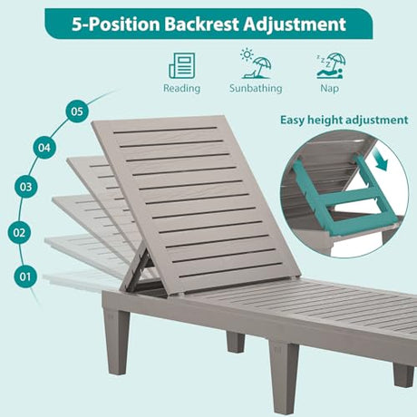 Hoiplu Outdoor Lounge Chairs Set of 2 for Poolside Patio, Weather-Resistant Pool Chaise Lounge with Adjustable Backrest, Resin Tanning Chair Sun Lounger for Outside Deck, Beach, Sunbathing, Taupe Hoiplu