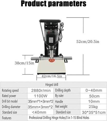 Hinge Drilling Machine Portable Hinge Drilling and Boring Machine for Woodworking, 1100W, 2880 RPM, 0-40mm Depth - Perfect for Cabinets, Wardrobes, and Home Improvement Projects.(110v) - WoodArtSupply