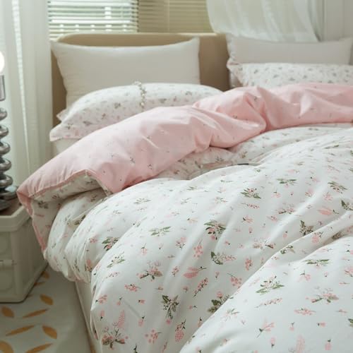 Girl Floral Duvet Cover Twin Pink White Flower Print Bedding Sets Garden Style Flower Comforter Cover Cotton Aesthetic Bedding Cover Chic Floral Bedroom Collection 1 Duvet Cover with 2 Pillowcases LifeTB