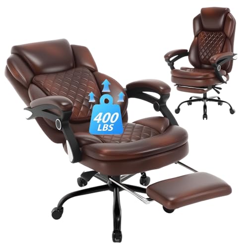 linting 400lbs Reclining Office Desk Chair with Footrest, Plus Size Comfortable Big Tall Brown Leather Recliner Office Chairs for Heavy People linting