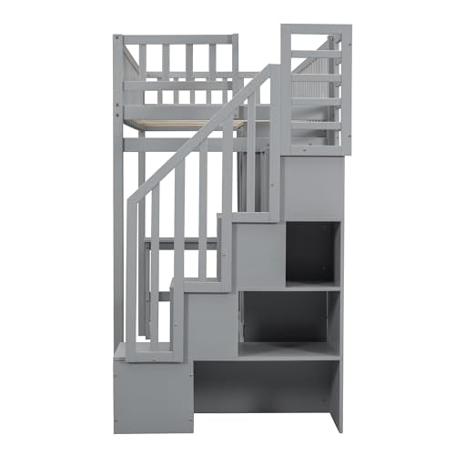 Twin Loft Bed with Storage, Desk, and Wardrobe by Harper & Bright Designs - Grey Solid Wood Frame - WoodArtSupply