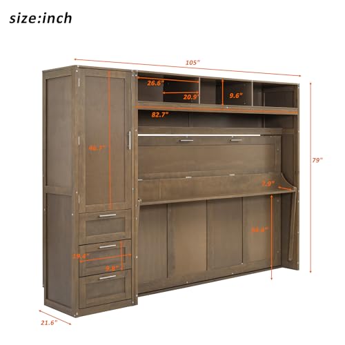 Harper & Bright Designs Full Size Murphy Bed with Wardrobe, Drawers and Open Shelves, Wooden Full Platform Bed, Hidden Foldable Bed Frame, Wall Bed for Home Office or Small Room,Antique Wood Harper & Bright Designs