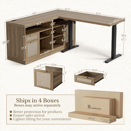 Perledesign Height Adjustable Electric Standing Desk, 48 x 24 Inches Sit Stand up Desk with 2 File Cabinets, AC/USB, 1.18" Desktop, L Shaped Rattan Computer Desk for Home and Office, Natural Oak Perledesign