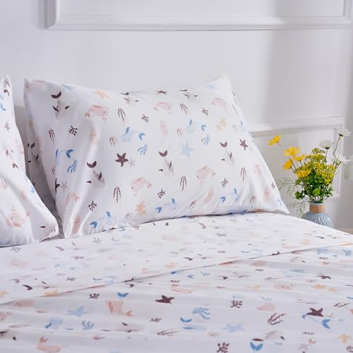 Sea Animal Queen Sheets Fish Whale Underwater World Cute Cozy Fun Queen Bed Sheet Set for Kids Girls Boys Children - Kids Bed Sheet Collection - Deep Pocket, Wrinkle Free and Soft Bedding - 4PC Best Season