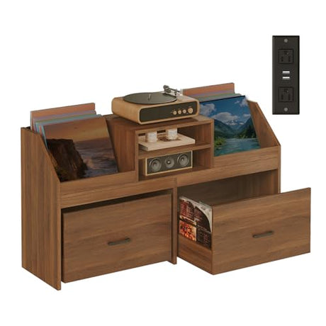 STHYTON Large Record Player Stand with Charging Station & 2 Sliding Drawers, Record Storage Cabinet with Vinyl Storage Hold Up to 500+ Album, Mid Century Turntable Stand for Living Room, Music Room STHYTON