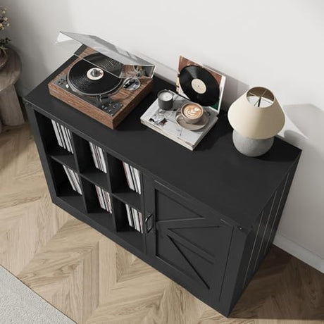 Takywep Record Player Stand with Door, Farmhouse Turntable Cabinet with Storage, Vinyl Record Storage Cabinet with Shelves for Up to 750 Albums, Multi-Purpose Wooden Media Console Table Takywep