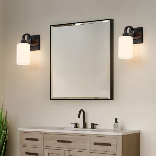 Mecgirn 1-Light Milk Glass Wall Sconces, Farmhouse Vanity Light Fixtures for Bathroom, Black and Wood Wall Lighting, Wall Sconce for Hallway, Entryway, Bedroom, Living Room Mecgirn