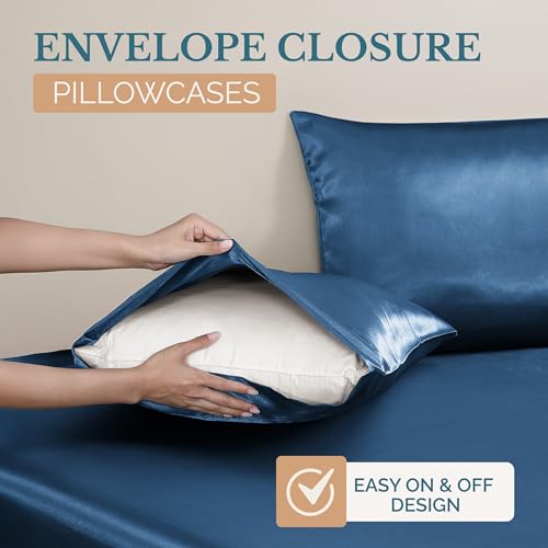 Casa Platino Satin Sheets Twin Size - Smooth Twin Sheets with 15 Inch Deep Pocket Fit, Makes for a Cool Nights Sleep, Great for Hot Sleepers, Helps with Hair Protection, Wrinkle-Resistant - Dark Blue Casa Platino