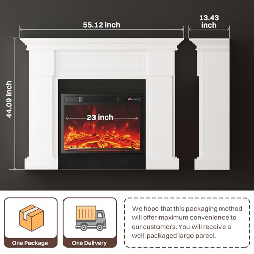 55" Electric Fireplace with Mantel | 1400W Faux Fireplace | Highly Realistic 3D Flame | 50-90℉ Adjustable Temp | Button & Remote Control | White Fireplace Mantel Surround | 55" W×13.5" D×44" H FODINGHILL