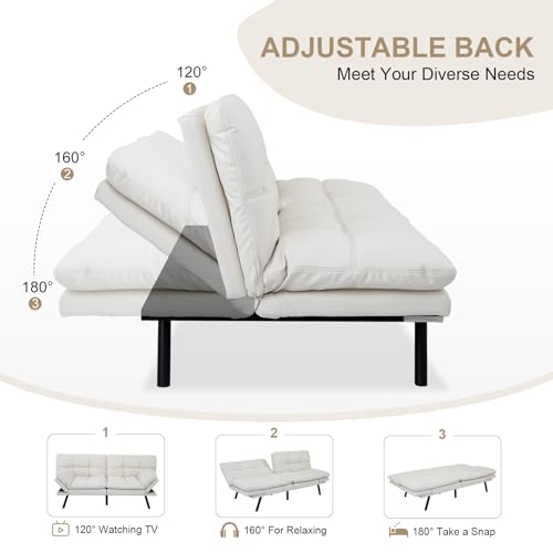 Opoiar 71-Inch Futon Sofa Bed, Convertible Guest Bed & Loveseat | Cozy Faux Leather with Adjustable Positions for Welcoming Living Rooms - White Opoiar