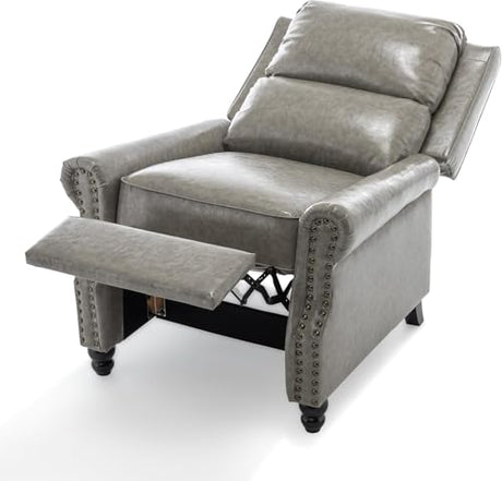 Pushback Recliner Chair, Faux Leather Wingback Recliner Chair, Upholstered Armchair Push Back Recliner with Wood Legs, Rivet Trim Single Sofa Accent Chair for Living Room, Bedroom, Gray Qatiby