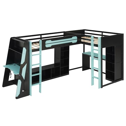 MERITLINE Twin Size L-Shaped Loft Bed with USB Ports and Desk for Boys, Gaming Loft Bed with LED Lights, Storage Shelves and TV Stand for Teens Adults, Reversible Layout, No Box Spring Needed, Blue MERITLINE