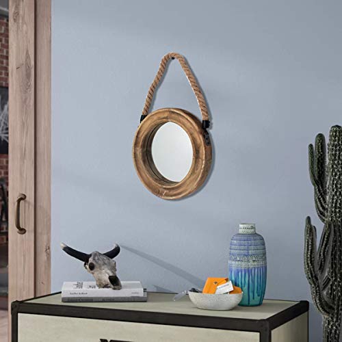 Funly mee Rustic Round Decorative Mirror with Solid Wood Frame&Rope Hanging,Farmhouse Antique Wall Decor(Small 9.9X9.9in) Funly mee