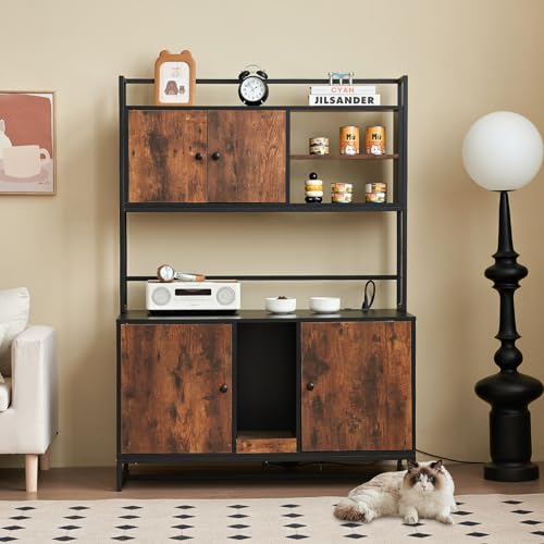 JanflyHome Cat Litter Box Enclosure with Power Outlet, 60'' Large Double Hidden Cat Litter Box Furniture with Shelf, Indoor Cat House Furniture with Cat Scratching Pad for 2 Cats, Vintage Brown… JanflyHome