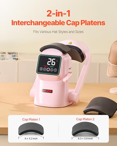 VEVOR Auto Hat Heat Press Machine, with 2pcs Interchangeable Platens, Automatic Open and Release, Touchscreen for Precise Time and Temperature Control, Heat Transfer Printing for Caps, Hats, Pink VEVOR