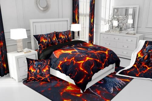 Manfei Dragon Comforter Set Twin Size,Volcano Eruption 3D Red Lava Flame Print Bedding Set 2 Pcs for Boys Girls,Cute Black Dragon Mystic Animal Natural Disaster Down Comforter,1 Pillowcase Manfei