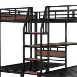 Bellemave Queen Over Twin Over Twin Bunk Bed with Shelf and Stairs, Heavy Duty Triple Bunk Beds with Safety Guardrails, Metal Triple Bunk Bed Frame for 3 Kids, Teens, Black Bellemave