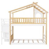 Harper & Bright Designs Twin Over Twin Bunk Bed with Stairs, Stairway House Bunk Bed Frame with Storage and Guard Rail for Kids Girls Boys (Natural and White) Harper & Bright Designs