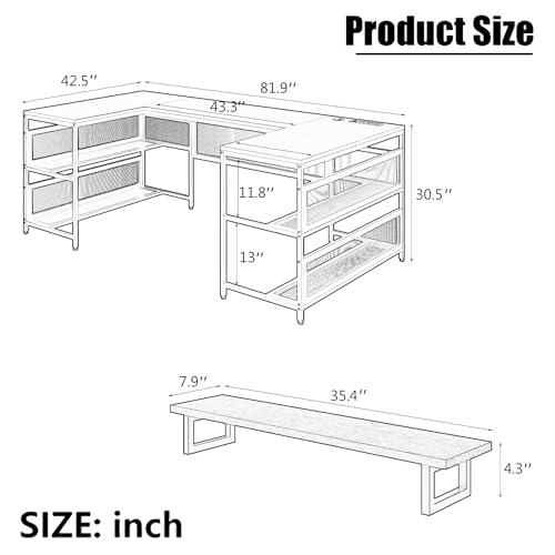 JUSTHERE U Shaped Standing Desk, 81.9" Gaming Desk L Shape with Monitor Shelf & LED Lights, 3 Modes Computer Desk with Printer Storage Shelves, Escritorio for Home, Office & Bedroom, Brown