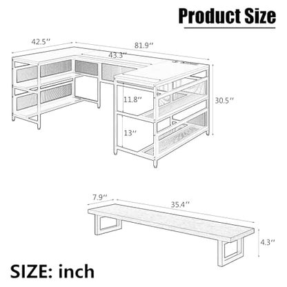 JUSTHERE U Shaped Standing Desk, 81.9" Gaming Desk L Shape with Monitor Shelf & LED Lights, 3 Modes Computer Desk with Printer Storage Shelves, Escritorio for Home, Office & Bedroom, Brown