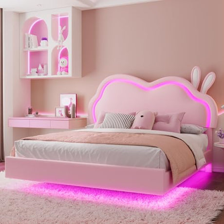 AMERLIFE Floating Queen Bed Frame with Adjustable RGB LED Headboard, Leather Upholstered Platform Bed for Kids/Girls,Wood Slats Support, No Box Spring Needed, Easy Assembly, Pink AMERLIFE