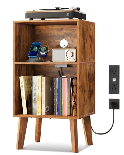 WLIVE Record Player Stand, Modern Nightstand with Storage, Small Space Bedside Table, End Table for Bedroom & Living Room, Mid Century Night Stand, Rustic Brown WLIVE