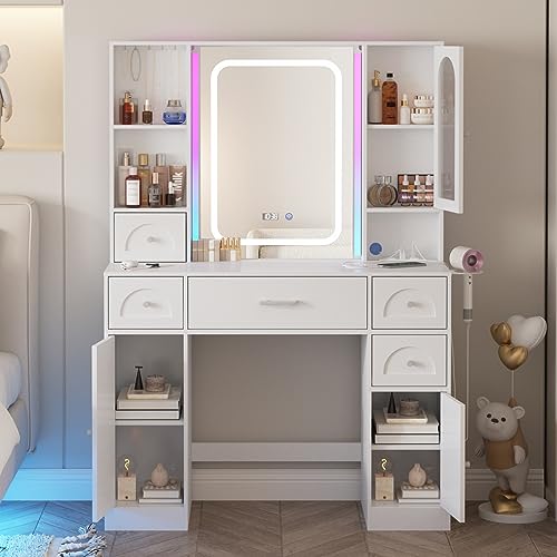 White Vanity Desk with Mirror and Lights,Makeup Vanity with RGB Lights and Power Strip,Makeup Desk Vanity Table with 5 Drawers Lots Storage & Time Display,3 Lighting Modes LED Lighted Mirror, - WoodArtSupply