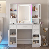 White Vanity Desk with Mirror and Lights,Makeup Vanity with RGB Lights and Power Strip,Makeup Desk Vanity Table with 5 Drawers Lots Storage & Time Display,3 Lighting Modes LED Lighted Mirror,41.3in(L) Fameill