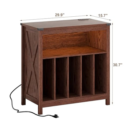 ChooChoo Large Record Player Stand with Charging Station & LED Light, Vinyl Record Holder hold up to 300 Albums, Farmhouse End Table for Bedroom, Living Room, Walnut ChooChoo