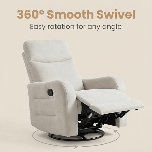 MAKOSAR 360° Swivel Glider Rocker Recliner Chair, Manual Reclining Sofa Chair with Side Pull Handle,Fabric Upholstered Lounge Chair for Living Room, Bedroom,Nursery,Office (Beige-Swivel)