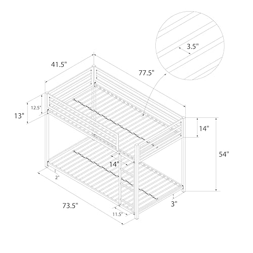 DHP Miles Silver Low Metal Bunk Bed Frame for Kids - Twin Over Twin with Built-in Ladder and High Guardrails - WoodArtSupply