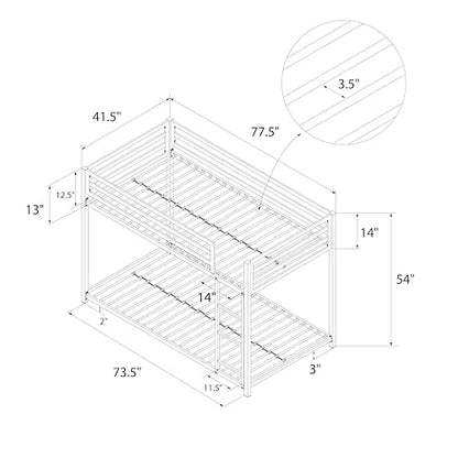 DHP Miles Silver Low Metal Bunk Bed Frame for Kids - Twin Over Twin with Built-in Ladder and High Guardrails - WoodArtSupply