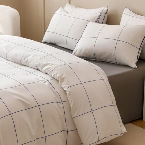 Forxiexie White Plaid Comforter Set California King White Bedding Comforter Sets Modern White Checker Bedding Set Cal King Soft Big Grid Quilt White and Blue Blankets Blue Lines Minimalist Bedding Forxiexie