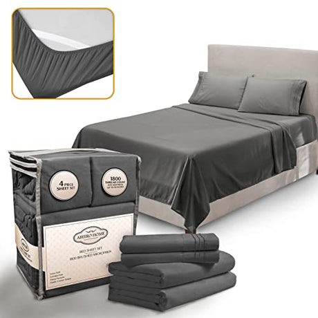 Abeero Home King Size Sheets Set Cooling - Luxury Hotel Sheet - Soft Bed Sheet with Elastic Corner Straps - Deep Pockets Microfiber Bedsheet - Bedding Sheets & Pillowcases - 4 Piece (King, Gray) Abeero Home