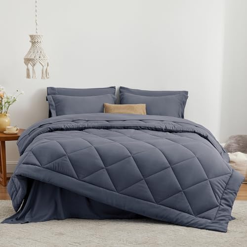 Love's cabin Full Comforter Set Navy Blue, 7 Pieces Full Bed in a Bag, All Season Bedding Sets with 1 Comforter, 1 Flat Sheet, 1 Fitted Sheet, 2 Pillowcase and 2 Pillow Sham Love's cabin