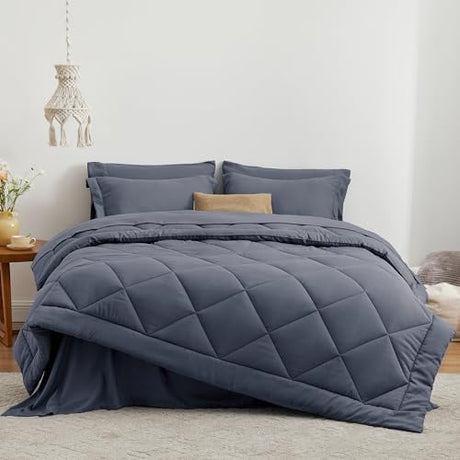 Love's cabin Full Comforter Set Navy Blue, 7 Pieces Full Bed in a Bag, All Season Bedding Sets with 1 Comforter, 1 Flat Sheet, 1 Fitted Sheet, 2 Pillowcase and 2 Pillow Sham Love's cabin