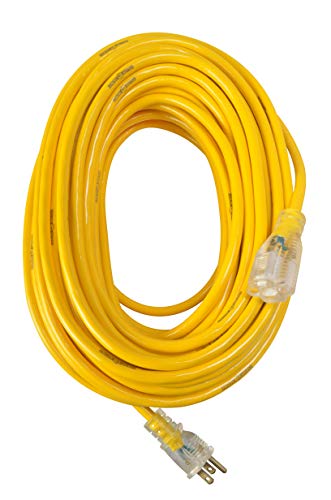 Yellow Jacket Heavy Duty Extension Cord, 100Ft, 12 Gauge, 3 Conductor, Lighted End, Weather Resistant, SJTW, Yellow, 2885 Yellow Jacket