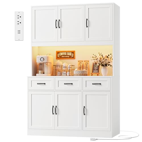 HOSTACK 72" Tall Kitchen Pantry Cabinet with Charging Station | LED Lights, 47" W Kitchen Pantry Storage Cabinet with Countertop, Modern Kitchens Hutch Cabinets with Storage for Dining Room, White HOSTACK