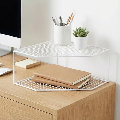 Beavorty 2-Tier Corner Storage Shelf Cabinet Organizer Corner Stand Rack Countertop Shelf Storage for Dishes and Plates Kitchen Cabinet Pantry Cosmetics Makeup Organization 12cm White Beavorty