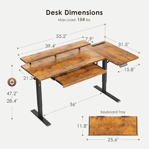 OffiGo 55 Inch L Shaped Electric Standing Desk with Keyboard Tray, Reversible Height Adjustable Corner Computer Desk with Monitor Stand, Sit Stand Up Lift Table for Home, Office, Rustic Brown OffiGo