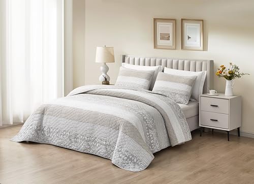 Chezmoi Collection Robyn 3-Piece Neutral Taupe Gray White Floral Hibiscus Flower Patchwork Striped Quilt Set - Pre-Washed Cotton Coverlet - Lightweight Reversible Bedspread, Queen Size Chezmoi Collection