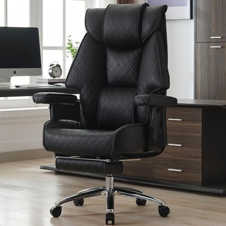 EXCEBET Big and Tall Office Chair with Footrest, PU Leather High Back Executive Office Chair 400lbs, Ergonomic Computer Chairs Lumbar Support for Heavy People (All Black) EXCEBET