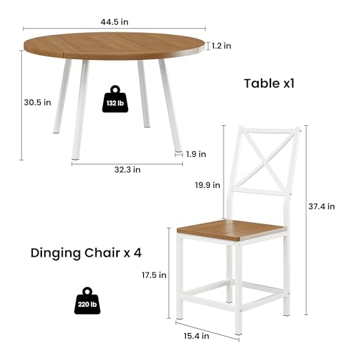 IRONCK Dining Table Set for 4, Round Kitchen Table and 4 Stool Chair for Dining Room, 44.5inch Drop Leaf Desk, Small Space Saving, Natural Wood IRONCK