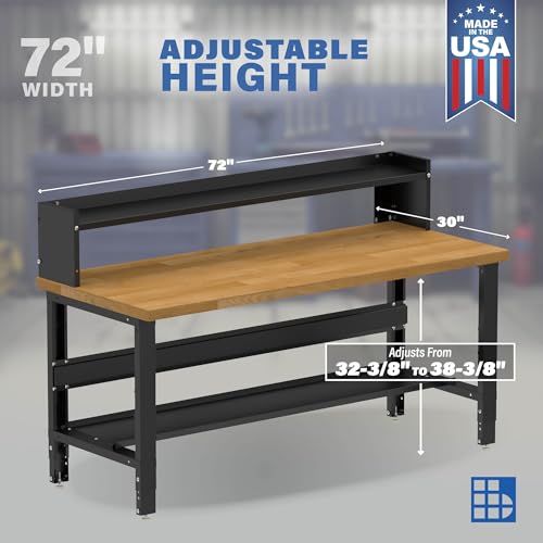 Borroughs 72" W x 30" D Heavy-Duty Industrial Workbench, Hardwood Top, 2000 LB Capacity, Bottom & Ledge Shelves, Adjustable Height 32-38" Borroughs